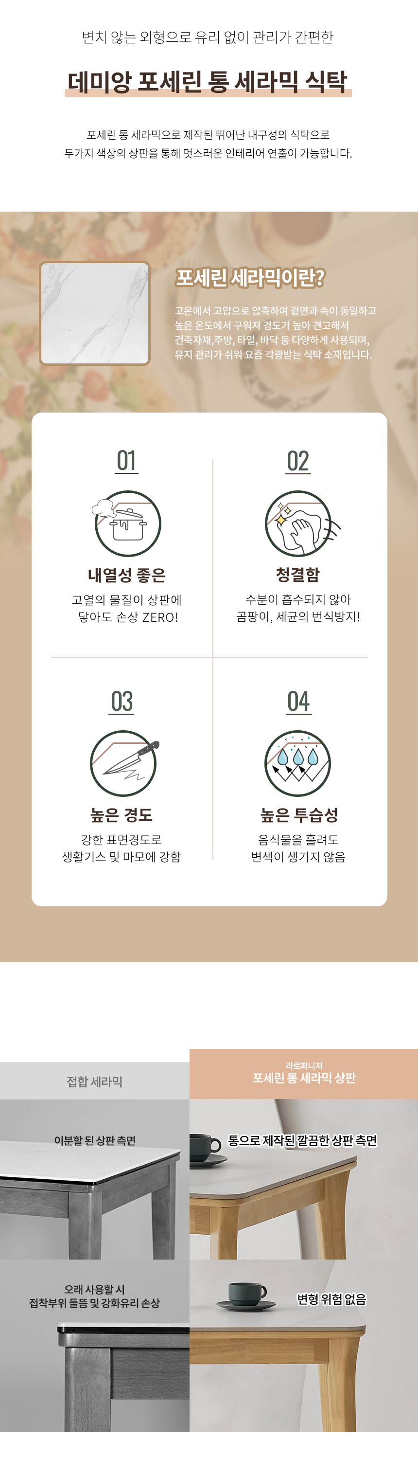 라로퍼니처 데미앙 1400 포세린 통 세라믹 낮은 패밀리 4인 식탁 세트 상세 이미지 6