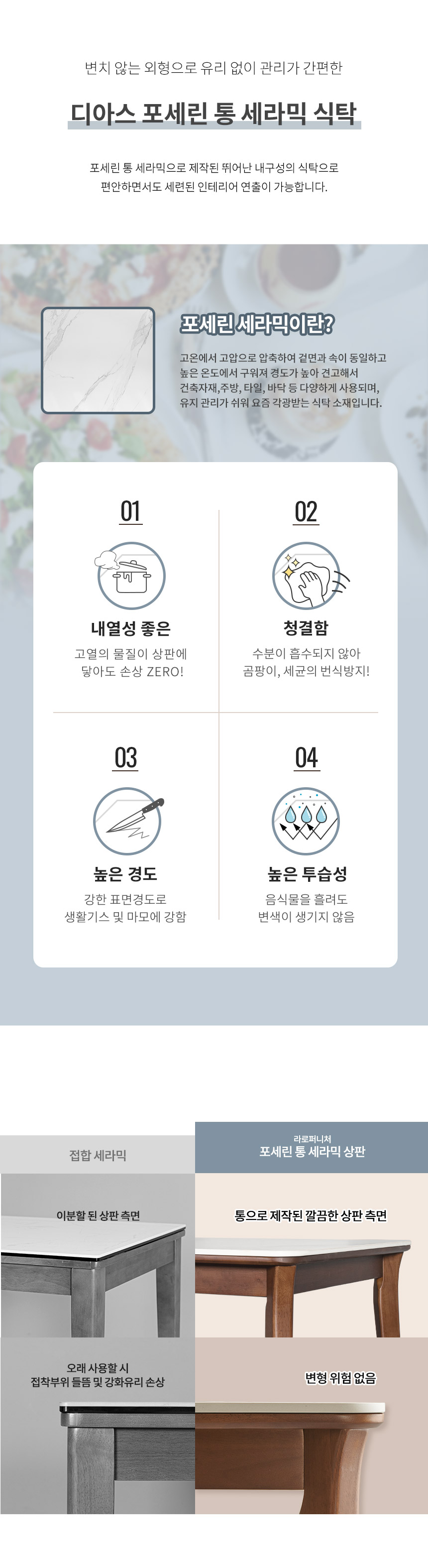 라로퍼니처 디아스 1900 포세린 통 세라믹 낮은 패밀리 6인 식탁 세트 상세 이미지 6